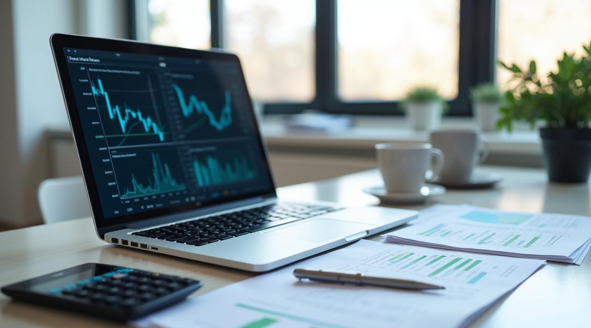 Biuro finansowe z laptopem wyświetlającym wykresy, kalkulatorem i dokumentami, symbolizujące analizę finansową.