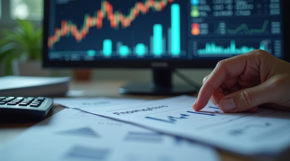 Biurko z dokumentami finansowymi, kalkulatorem i wykresem na ekranie, symbolizujące analizę kosztów pożyczek.