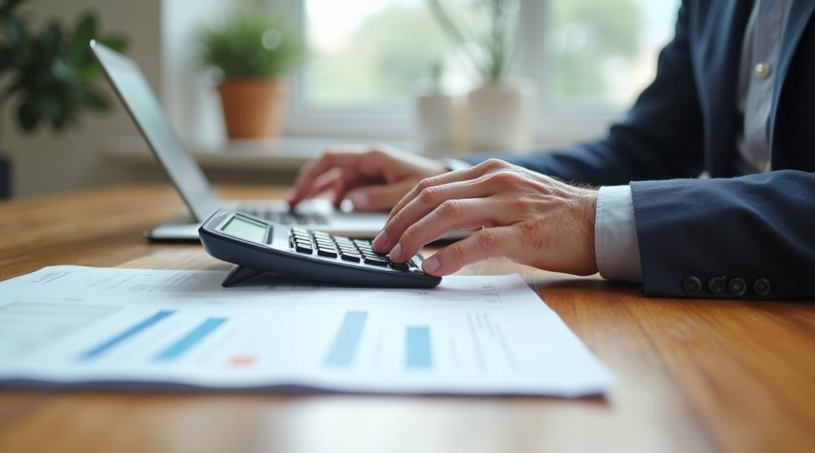 Starsza osoba analizująca dokumenty finansowe i kalkulator na biurku, symbolizujące zarządzanie finansami.